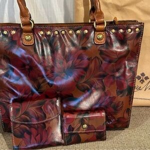 Patricia Nash Red and Brown Floral Tote and Wallet and KeyCase